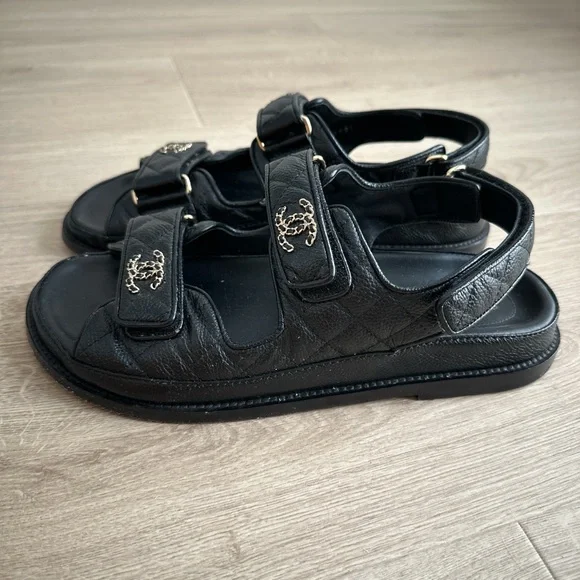 CHANEL Black Leather Logo Sandals - Picture 2 of 5